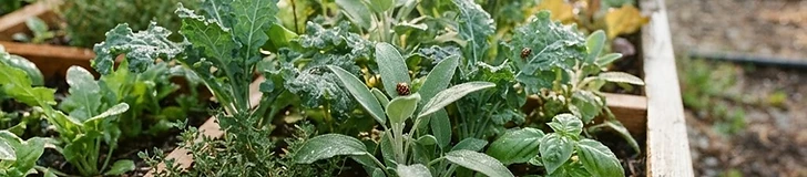 A close-up view of a hand gently inspecting the underside of a leafy green vegetable leaf in a densely planted square-foot garden bed.