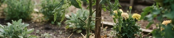 A healthy tomato plant growing in a garden bed covered with a thick layer of straw mulch to prevent soil splashing.
