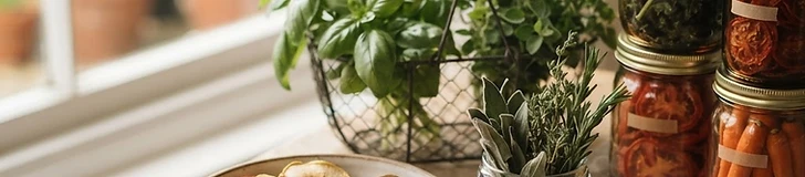 Close-up of thin apple slices and fresh green herb sprigs laid out in rows on the wire trays of a food dehydrator.