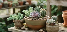 An overhead view of a terra cotta bowl filled with various colorful echeveria and sedum succulents arranged with small decorative pebbles.