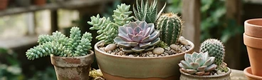 An overhead view of a terra cotta bowl filled with various colorful echeveria and sedum succulents arranged with small decorative pebbles.