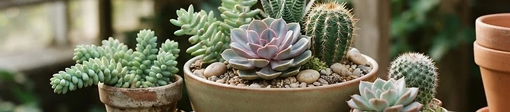 An overhead view of a terra cotta bowl filled with various colorful echeveria and sedum succulents arranged with small decorative pebbles.
