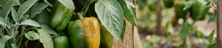 A close-up of a green bell pepper partially shaded by large, healthy dark green leaves in a sunlit garden bed.