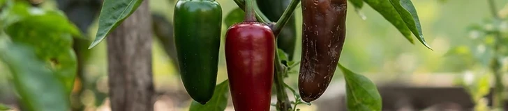 Close-up of a hand holding a transition-stage bell pepper that is half green and half turning bright red while growing on a garden stake.