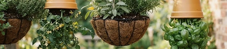 A close-up of a lush hanging basket overflowing with green herbs and small red cherry tomatoes on a sunny wooden deck.
