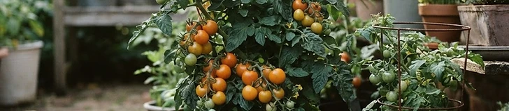 A vibrant red tomato plant growing in a fabric grow bag on a sunny wooden patio deck surrounded by small herb pots.