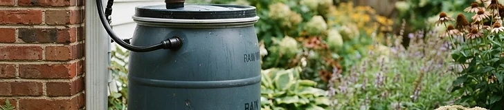 A blue food-grade rain barrel sitting on concrete blocks next to a house with a white downspout diverter attached.