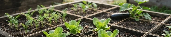 A close-up of a wooden garden bed divided into precise square-foot grids with small, healthy vegetable seedlings planted neatly in each section.