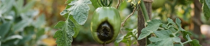 A close-up of a ripening tomato on the vine showing a dark, leathery, sunken patch on its bottom edge.