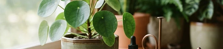 A close up view of a gardener's hands pouring diluted liquid fertilizer from a small watering can into a healthy potted monstera plant.