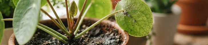 A close-up view of a person inspecting the underside of a green tropical houseplant leaf to check for insects using a small magnifying glass.