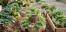 Three different types of garden beds, including a wooden raised frame, a rounded keyhole design, and a soil-covered mound, situated in a lush backyard.