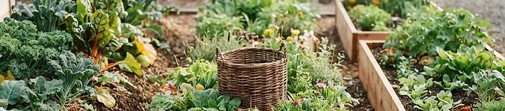 Three different types of garden beds, including a wooden raised frame, a rounded keyhole design, and a soil-covered mound, situated in a lush backyard.