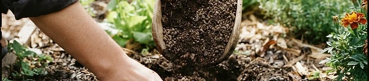 A wooden scoop of organic fertilizer and compost being worked into garden soil by hand.