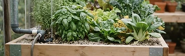 A close-up view of a home aquaponic system featuring a fish tank below a tray of vibrant green lettuce growing in clay pebbles.