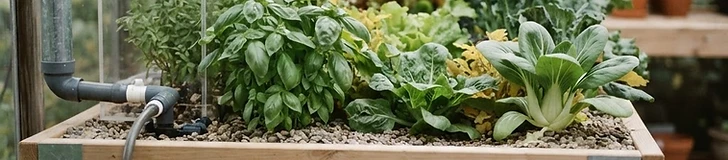 A close-up view of a home aquaponic system featuring a fish tank below a tray of vibrant green lettuce growing in clay pebbles.