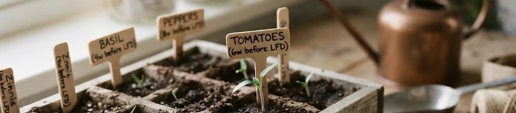 A close-up view of a gardener's hands carefully labeling a plastic tray filled with small green seedlings in a bright, sunlit greenhouse setting.