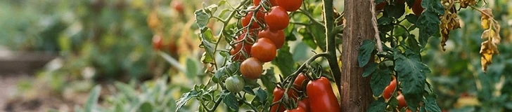 A wicker basket filled with a colorful mix of red cherry tomatoes and elongated, plum-shaped paste tomatoes sitting on a wooden garden table.