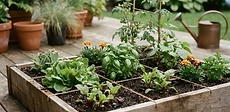 A collection of fabric grow bags arranged on a sunny wooden deck, each clearly organized with different vegetable crops following a grid pattern.