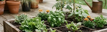 A collection of fabric grow bags arranged on a sunny wooden deck, each clearly organized with different vegetable crops following a grid pattern.