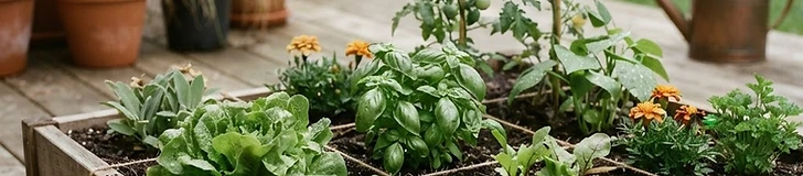 A collection of fabric grow bags arranged on a sunny wooden deck, each clearly organized with different vegetable crops following a grid pattern.