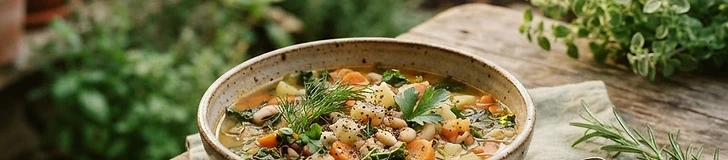 A rustic ceramic bowl filled with creamy orange carrot soup topped with fresh green herbs on a wooden kitchen table next to freshly harvested carrots.