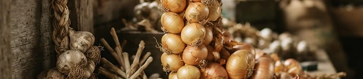 A rustic wooden basket filled with harvested garlic bulbs and cured onions sitting on a dry, sunlit wooden table in a garden shed.