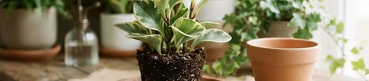 A gardener's hands gently placing a leafy green indoor plant into a new terracotta pot on a wooden tabletop with potting soil scattered nearby.