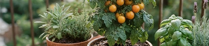 A close-up view of a person checking the soil moisture level of a terracotta potted herb plant on a sunny balcony garden.