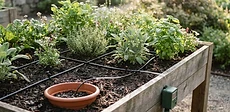 A close-up of a drip irrigation emitter dripping water onto soil at the base of a tomato plant in a raised garden bed.
