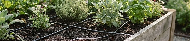 A close-up of a drip irrigation emitter dripping water onto soil at the base of a tomato plant in a raised garden bed.
