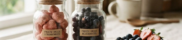 Two clear glass jars of pale freeze-dried strawberries and blueberries beside a small bowl of fresh berries on a cream linen background.