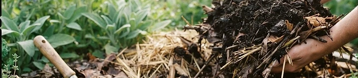 Close up of dark, rich garden soil with a thick layer of brown wood chip mulch and a few small green sprouts emerging.