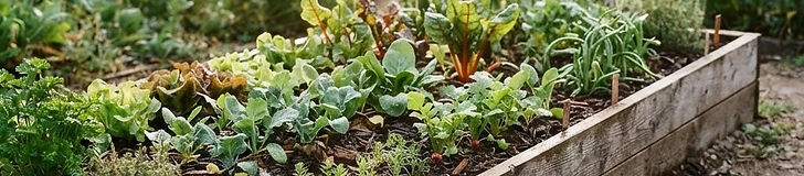 A simple first raised garden bed with mixed young vegetables and a kneeling pad beside it.