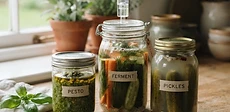A collection of glass jars filled with colorful fermented vegetables, pickles, and green pesto sitting on a wooden kitchen table.