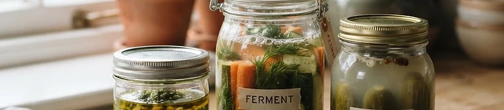 A collection of glass jars filled with colorful fermented vegetables, pickles, and green pesto sitting on a wooden kitchen table.