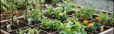 A young child kneeling in a raised wooden garden bed divided into a square grid, happily holding a small plastic trowel and a handful of dirt.