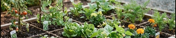 A young child kneeling in a raised wooden garden bed divided into a square grid, happily holding a small plastic trowel and a handful of dirt.
