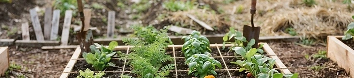 A gardener uses a tape measure to mark out wooden grids on a raised garden bed filled with dark, rich soil.