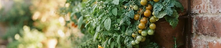 A sunny south-facing brick wall features a sturdy metal trellis covered in healthy, vining tomato plants and hanging cucumbers in a backyard setting.