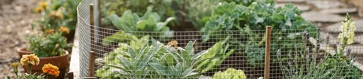 A backyard vegetable garden with a wire mesh fence surrounding raised beds to prevent animal access.