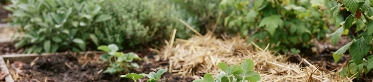 Close-up of a gardener hands gently placing a bare-root strawberry plant into rich, dark garden soil in a raised bed.