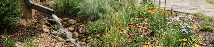 A shallow planted rain garden filled with native grasses and wildflowers catching runoff from a downspout.