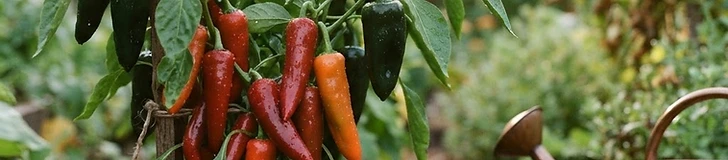 A close-up of vibrant red and green bell peppers hanging on a bushy plant with dark green leaves in a sun-drenched vegetable garden.