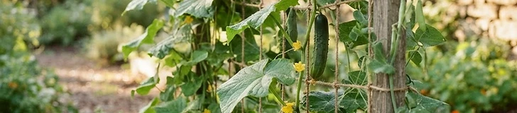 A backyard garden featuring a sturdy wire trellis covered in lush green cucumber vines and ripening fruit, with mulch visible on the ground.