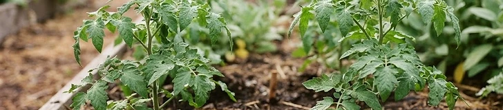 A close-up of a gardener's hands holding a handful of rich, dark brown organic compost next to a bag of granular fertilizer on a wooden potting bench.