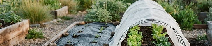 A raised garden bed covered in black plastic mulch with wire hoops installed for future row covers in a sunny, early-spring yard.