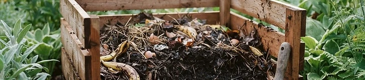 A close-up of a person using a garden fork to turn dark, crumbly compost in a simple wooden slatted bin sitting on grass.