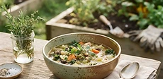 A rustic wooden bowl filled with colorful vegetable soup sits on a kitchen table next to a bundle of freshly harvested carrots and kale.
