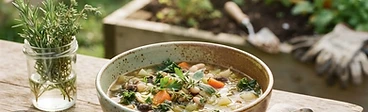 A rustic wooden bowl filled with colorful vegetable soup sits on a kitchen table next to a bundle of freshly harvested carrots and kale.